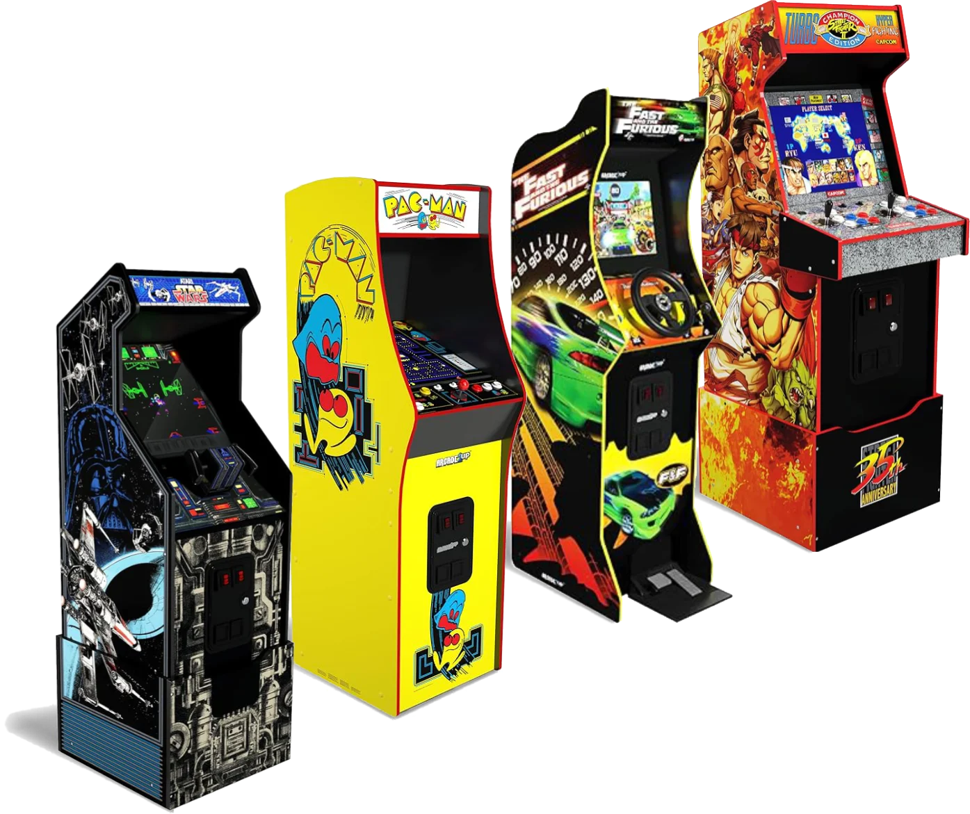 Quatre bornes d'arcade vintage Catchingbox avec Star Wars, Pac-Man, Fast & Furious, et Street Fighter