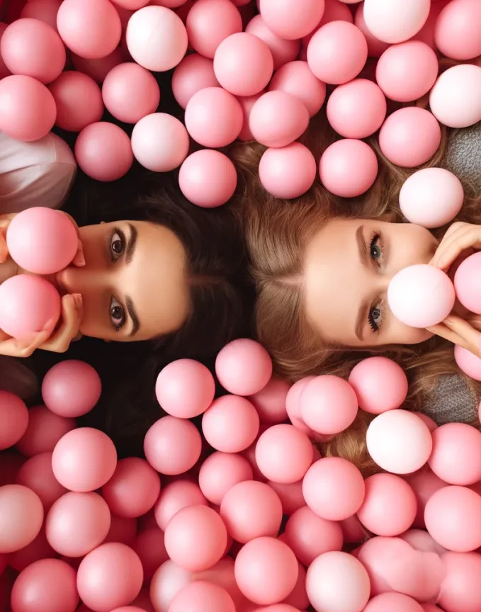 Deux visages de femmes émergent des balles roses lors de l'évènement Bleu Libellule