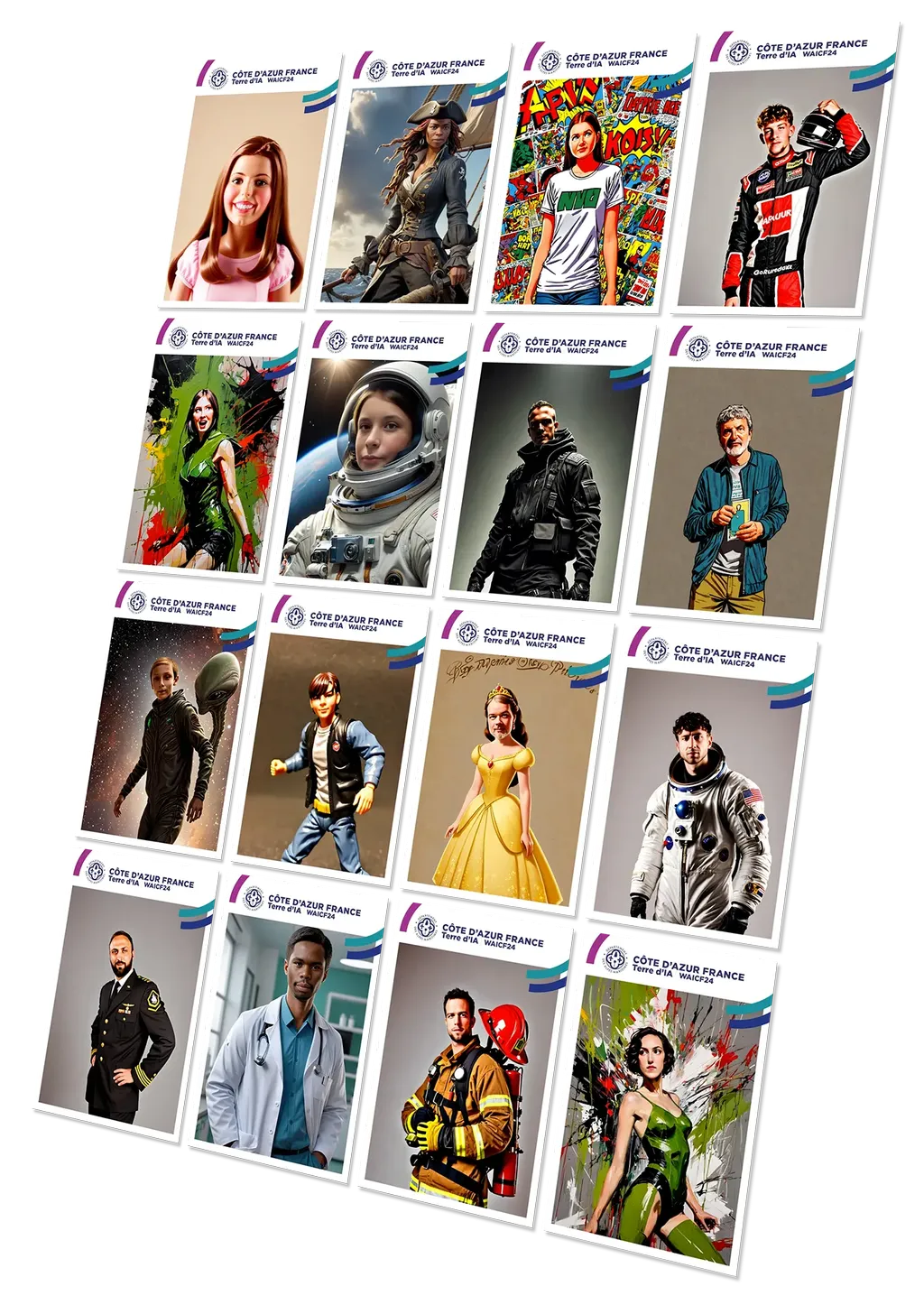 Mur de photos générées par IA montrant divers thèmes choisis par les visiteurs lors de l'événement WAICF24