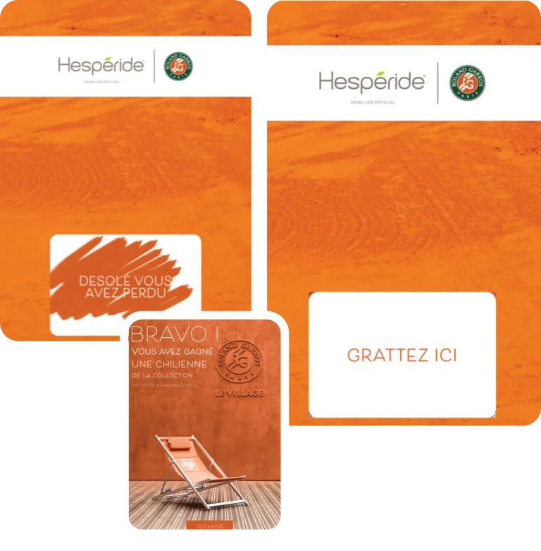 Jeu concours grattage personnalisé pour Hespéride, intégré à l’événement pour une expérience client unique et immersive.