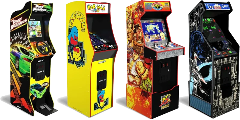 Quatre bornes d'arcade vintage Catchingbox avec Star Wars, Pac-Man, Fast & Furious, et Street Fighter