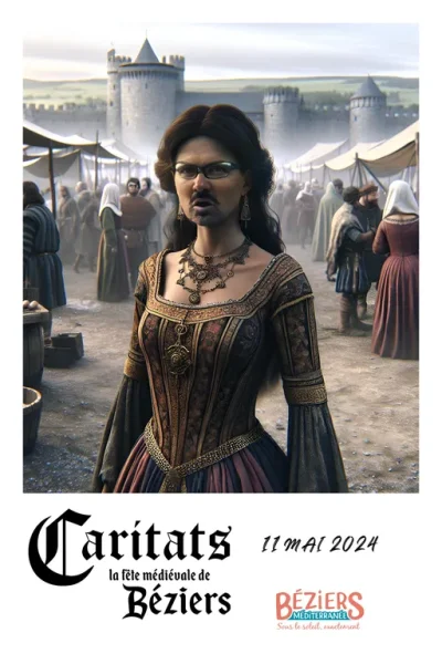 Portrait d'un homme transformé en dame médiévale avec des bijoux, généré par le Photobooth IA de Catchingbox lors de Caritias 2024 à Béziers.